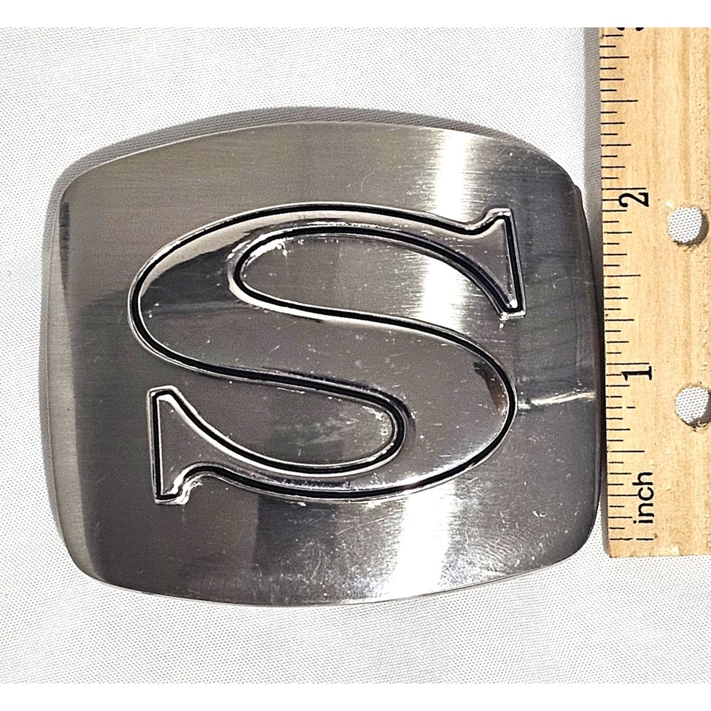 Initial "S" Belt Buckle Alphabet Monogram Chrome Metal Western Letter. - Picture 4 of 5
